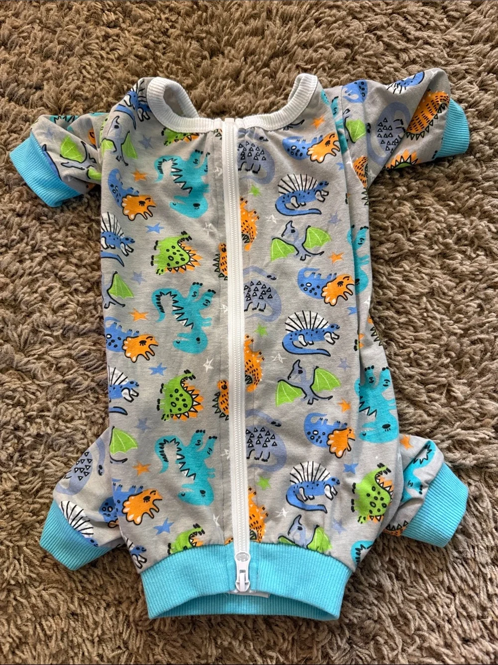 Gray Dino Zip-Up Dog Surgery Recovery Suit. Little dog size XL.